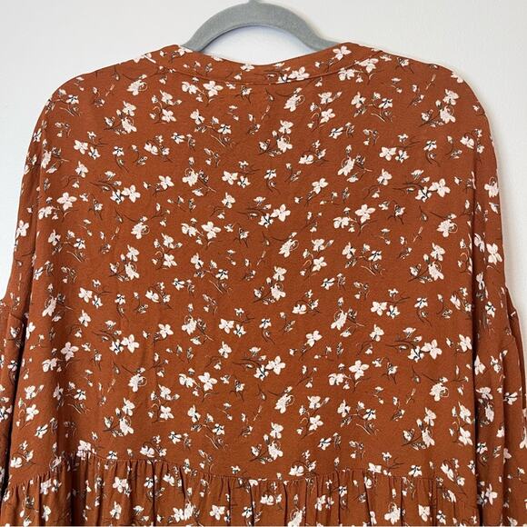 Tentree Willows Collared Tiered Long Sleeve Floral Dress Toffee Cornstalk Orange - Picture 8 of 9